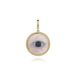 14K Yellow Gold Diamond Sapphire and White Mother of Pearl Evil Eye Medallion Pendant With Detachable Bail