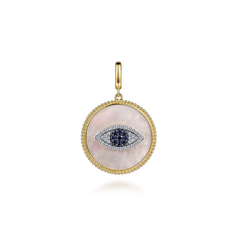 14K Yellow Gold Diamond Sapphire and White Mother of Pearl Evil Eye Medallion Pendant With Detachable Bail - 0.05 ct - Shot 1