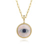 14K Yellow Gold Diamond Sapphire and White Mother of Pearl Evil Eye Medallion Pendant With Detachable Bail - 0.05 ct