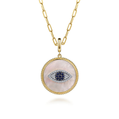 14K Yellow Gold Diamond Sapphire and White Mother of Pearl Evil Eye Medallion Pendant with Detachable Bail