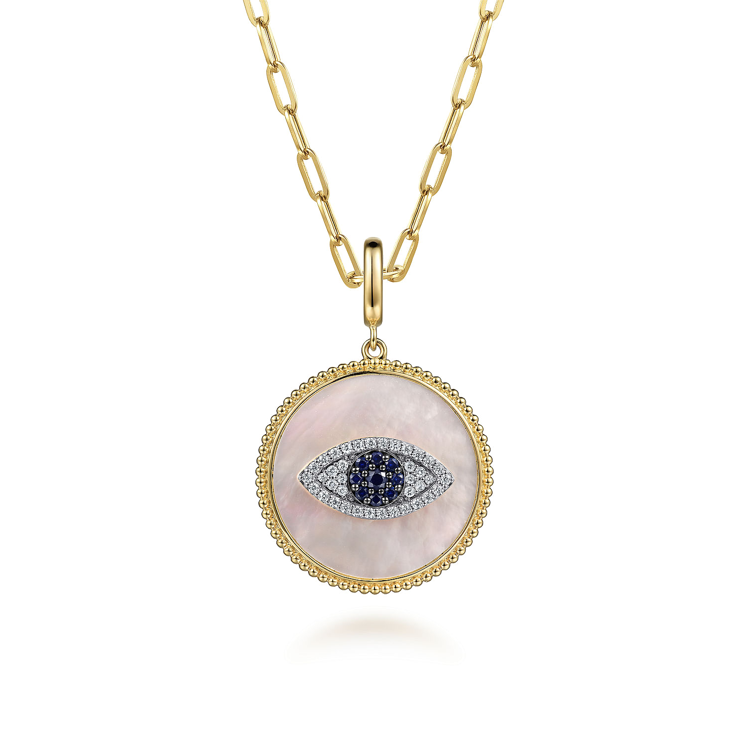 14K Yellow Gold Diamond  Sapphire and White Mother of Pearl Evil Eye Medallion Pendant - 0.05 ct - Shot 3