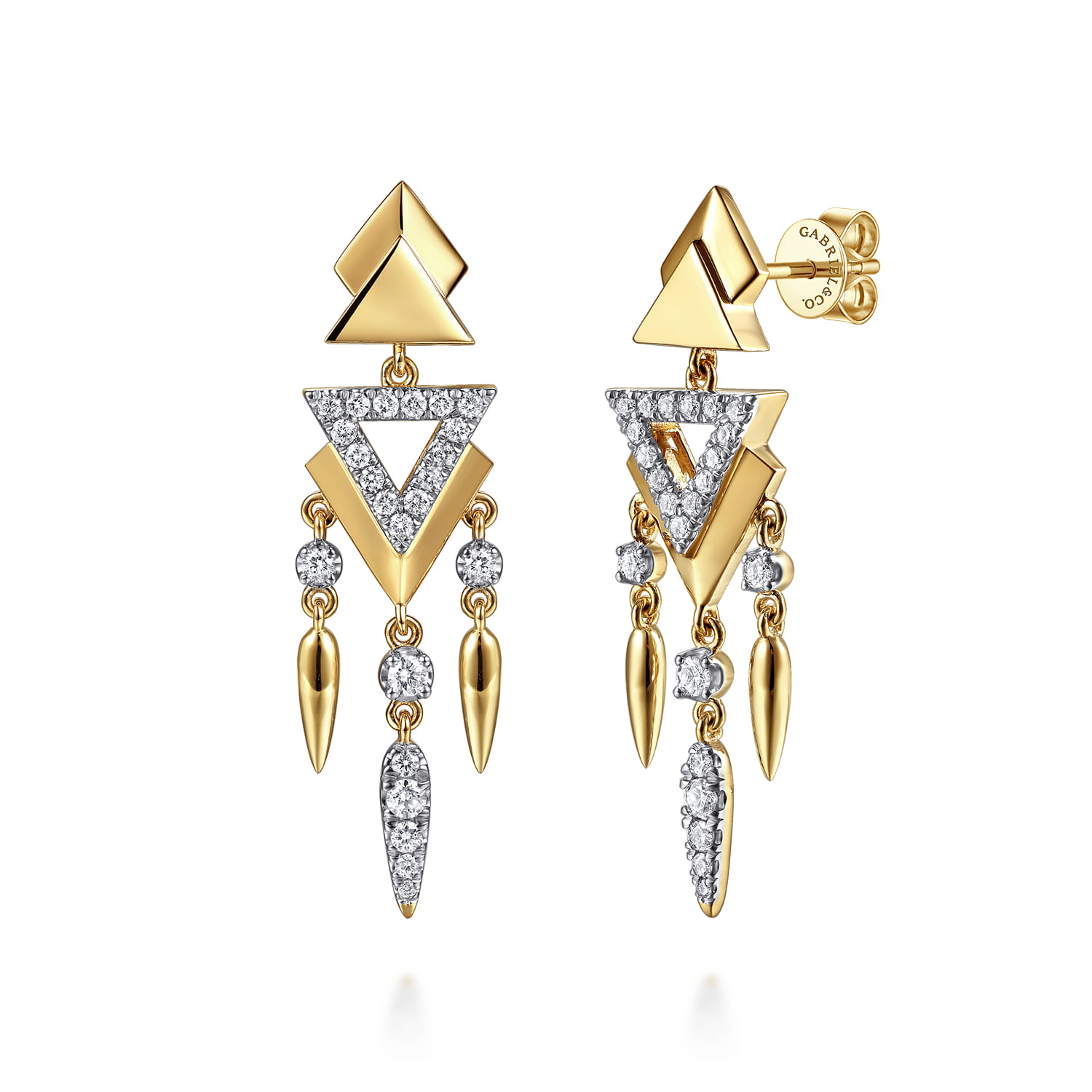 14K Yellow Gold Diamond Spike Triangle Chandelier Stud Earrings - 0.6 ct - Shot 1
