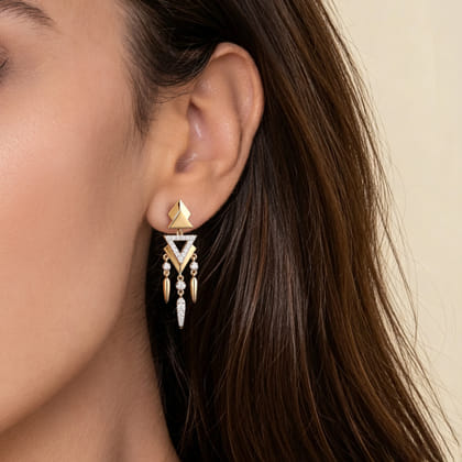 14K Yellow Gold Diamond Spike Triangle Chandelier Stud Earrings