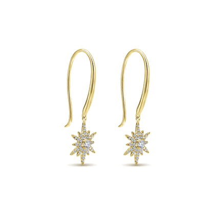 14K Yellow Gold Diamond Star Fish Wire Drop Earrings