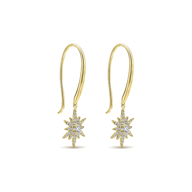 14K Yellow Gold Diamond Star Fish Wire Drop Earrings