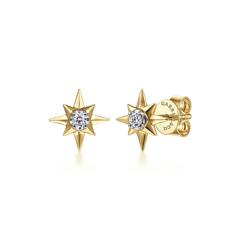 14K Yellow Gold Diamond Star Stud Earrings - 0.08 ct - Shot 1