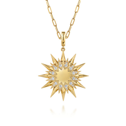 14K Yellow Gold Diamond Starburst Medallion in Size 32mm with Detachable Bail