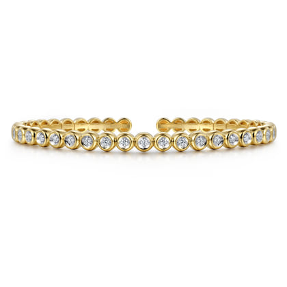14K Yellow Gold Diamond Station Cuff Bangle Bracelet