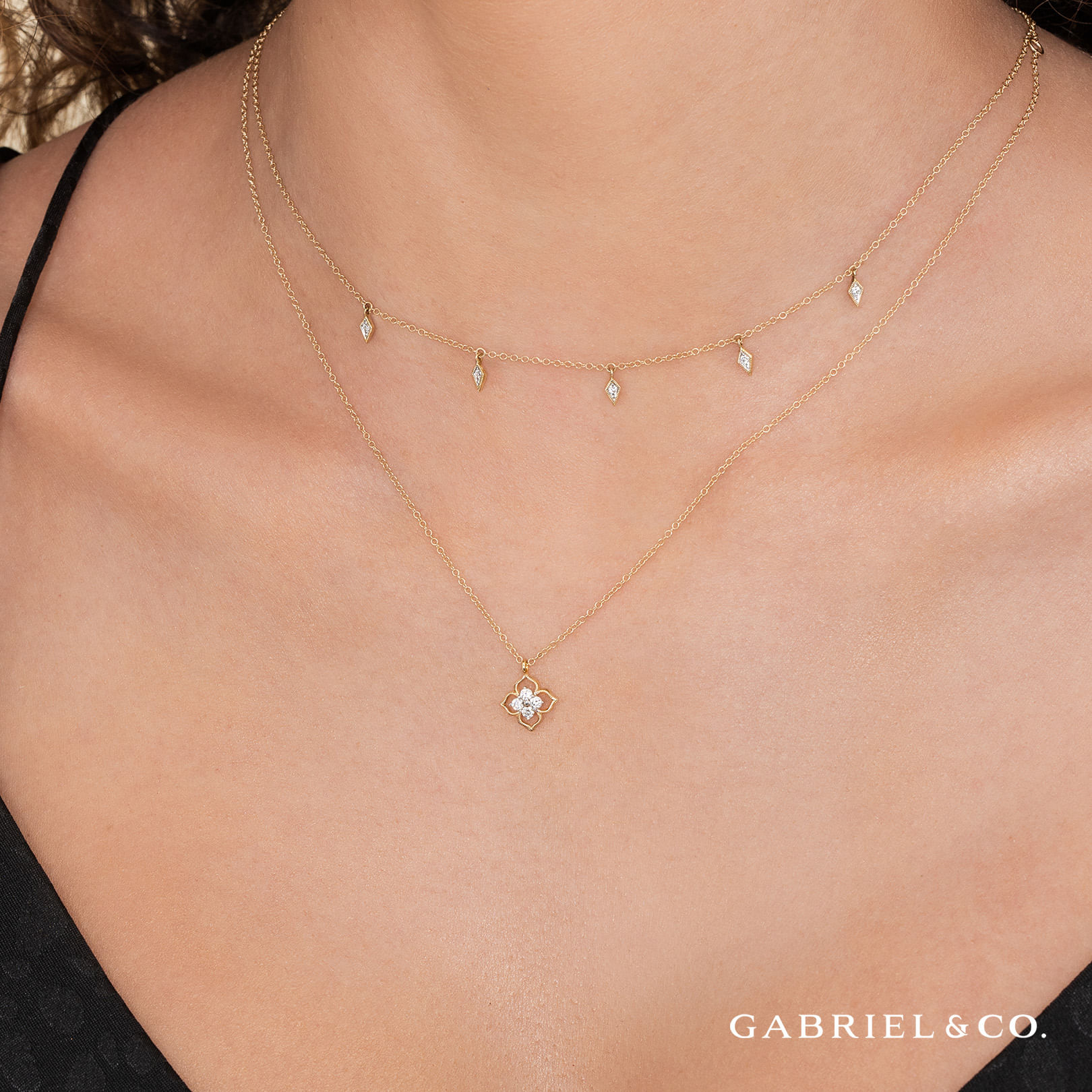 14K Yellow Gold Diamond Station Kite Droplet Necklace