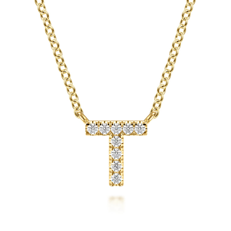 14K Yellow Gold Diamond T Initial Pendant Necklace - 0.05 ct - Shot 1