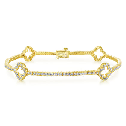 14K Yellow Gold Diamond Tennis Bracelet with Clover Stations