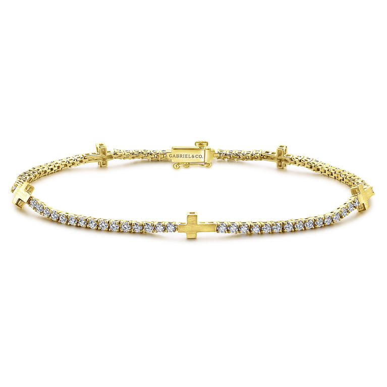 14K Yellow Gold Diamond Tennis Bracelet with Cross Stations - 1.35 ct - Shot 1