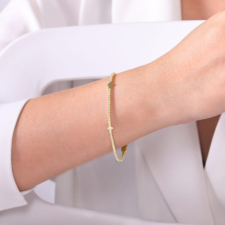 14K Yellow Gold Diamond Tennis Bracelet with Cross Stations - 1.35 ct - Shot 3