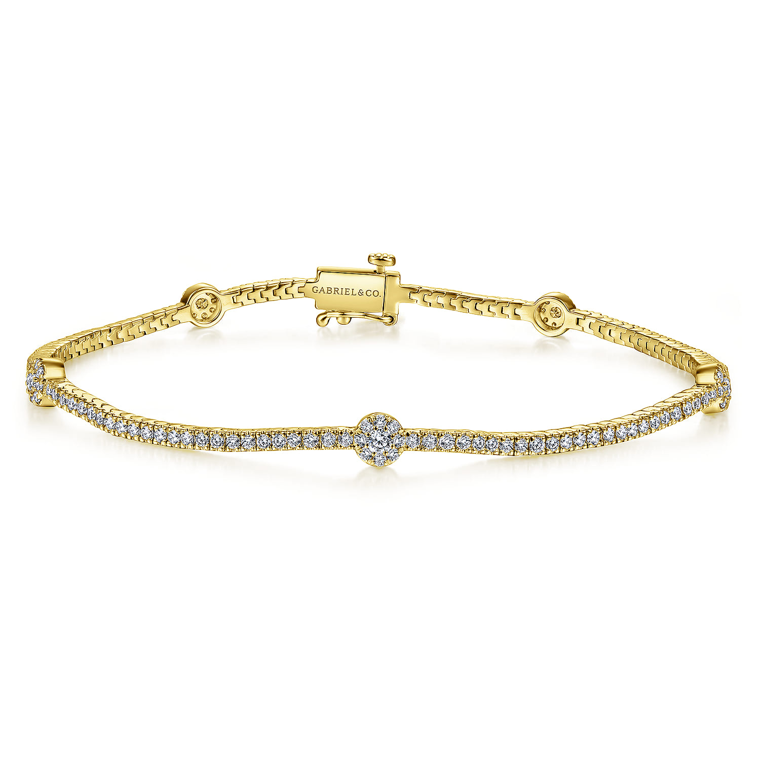14K Yellow Gold Diamond Tennis Bracelet with Round Cluster Stations - 1.25 ct - Shot 1