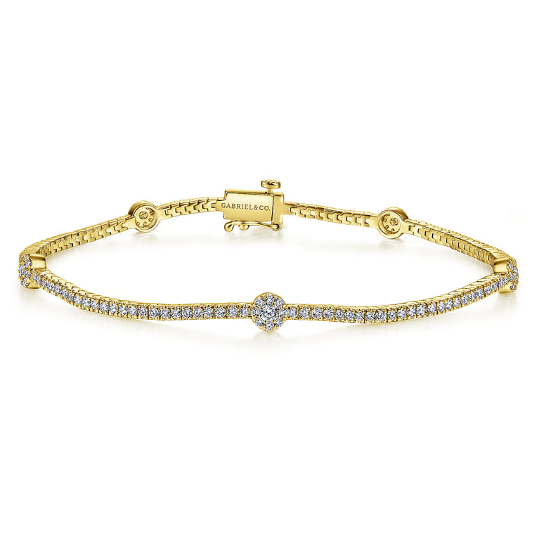 14K Yellow Gold Diamond Tennis Bracelet with Round Cluster Stations - 1.25 ct - Shot 1