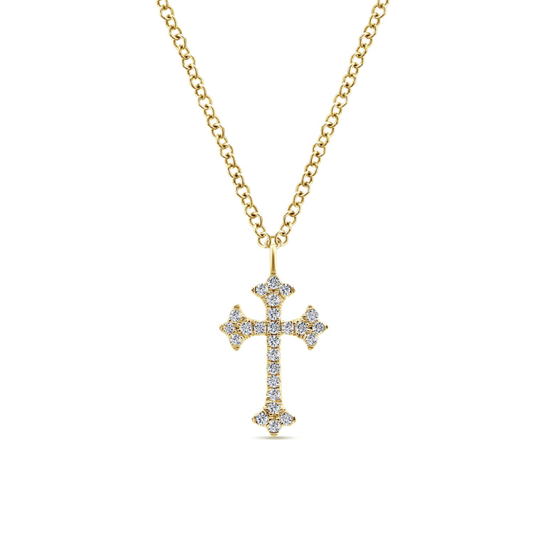 14K Yellow Gold Diamond Trefoil Cross Necklace - 0.1 ct - Shot 1