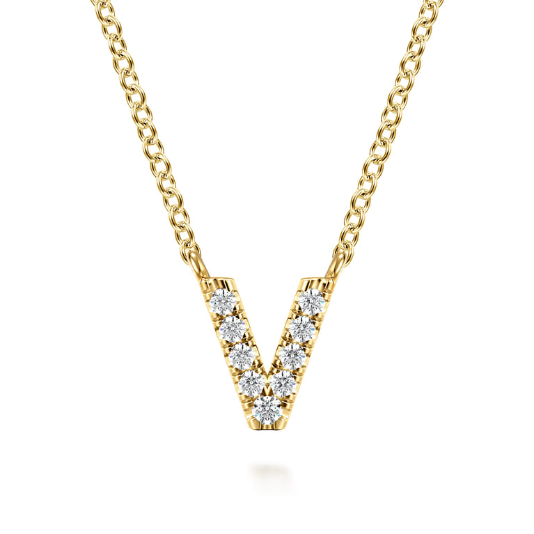14K Yellow Gold Diamond V Initial Pendant Necklace - 0.06 ct - Shot 1
