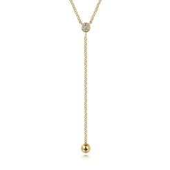 14K Yellow Gold Diamond Y-Knot Necklace with Hollow Gold Bead