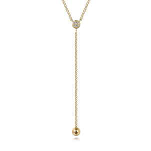 14K Yellow Gold Diamond Y-Knot Necklace with Hollow Gold Bead