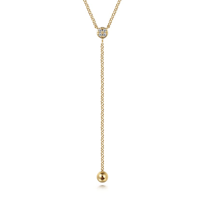 14K Yellow Gold Diamond Y-Knot Necklace with Hollow Gold Bead