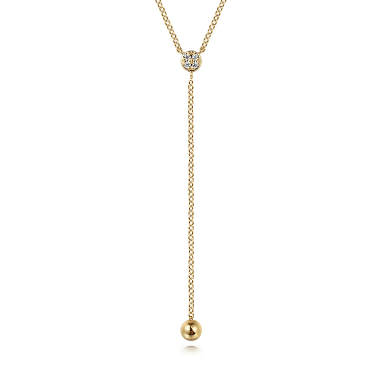 14K Yellow Gold Diamond Y-Knot Necklace with Hollow Gold Bead - 0.03 ct - Shot 1