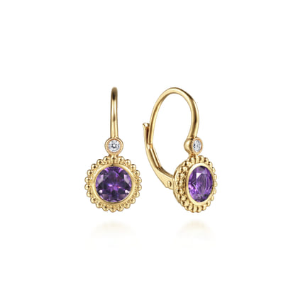 14K Yellow Gold Diamond and Amethyst Bujukan Drop Earrings