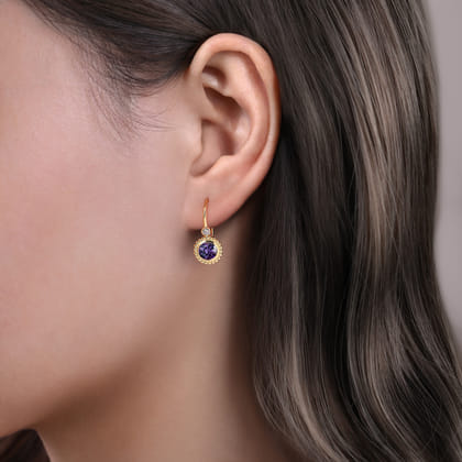 14K Yellow Gold Diamond and Amethyst Bujukan Drop Earrings