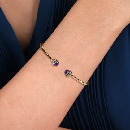 14K Yellow Gold Diamond and Amethyst Bujukan Open Bangle