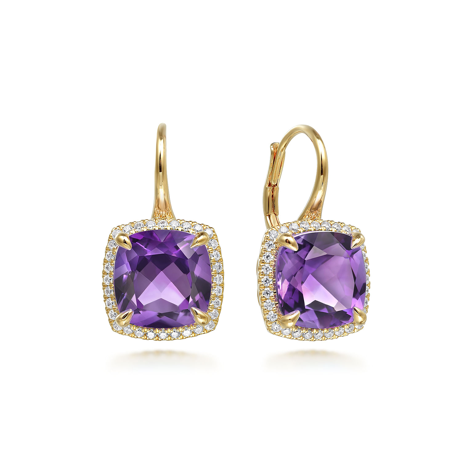 14K Yellow Gold Diamond and Amethyst Cushion Cut Earrings With Flower Pattern J-Back