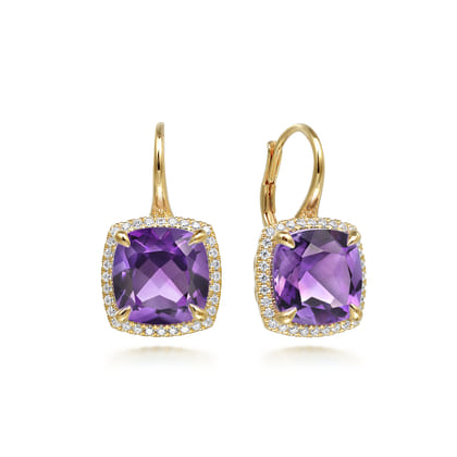 14K Yellow Gold Diamond and Amethyst Cushion Cut Earrings With Flower Pattern J-Back