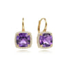 14K Yellow Gold Diamond and Amethyst Cushion Cut Earrings With Flower Pattern J-Back - 0.5 ct