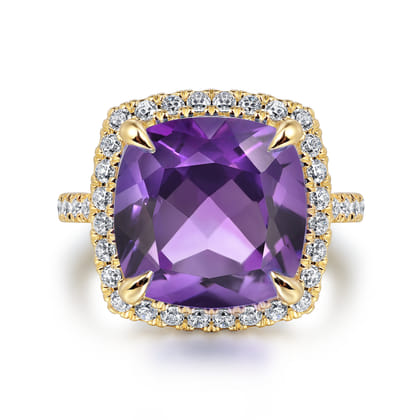 14K Yellow Gold Diamond and Amethyst Cushion Cut Ladies Ring With Flower Pattern Gallery