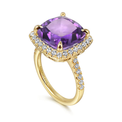 14K Yellow Gold Diamond and Amethyst Cushion Cut Ladies Ring With Flower Pattern Gallery