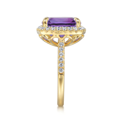14K Yellow Gold Diamond and Amethyst Cushion Cut Ladies Ring With Flower Pattern Gallery