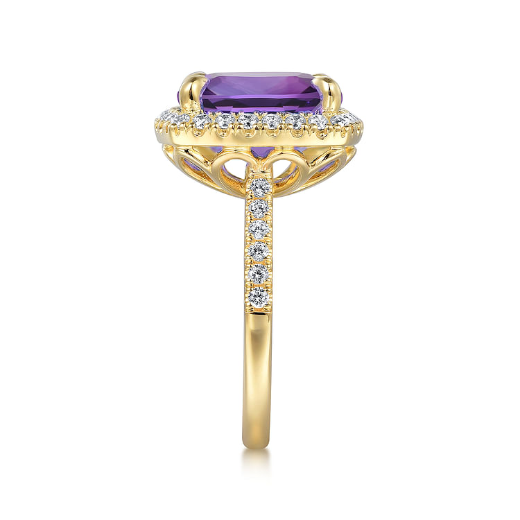 14K Yellow Gold Diamond and Amethyst Cushion Cut Ladies Ring With Flower Pattern Gallery