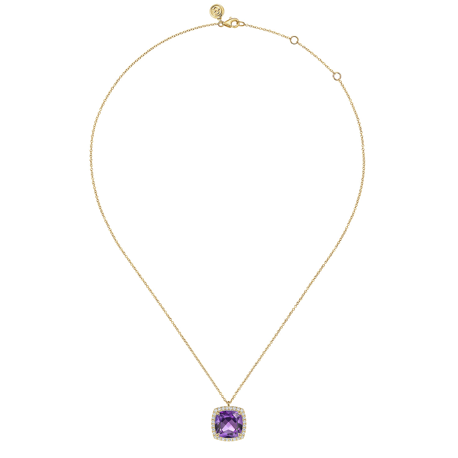 14K Yellow Gold Diamond and Amethyst Cushion Cut Necklace With Flower Pattern J-Back - 0.42 ct - Shot 2