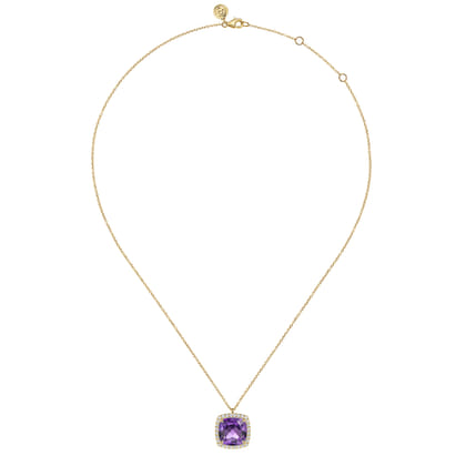 14K Yellow Gold Diamond and Amethyst Cushion Cut Necklace With Flower Pattern J-Back