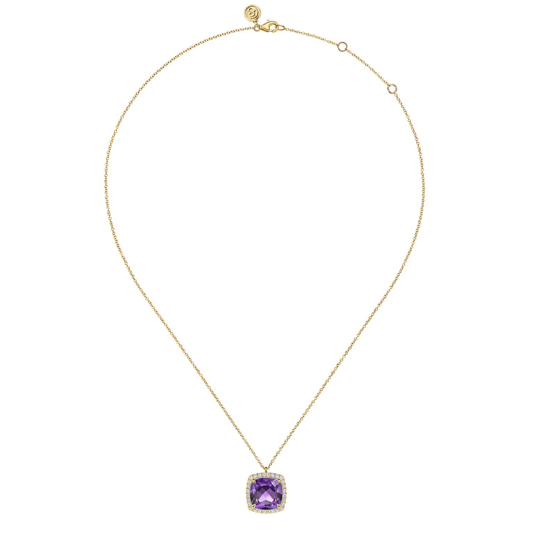 14K Yellow Gold Diamond and Amethyst Cushion Cut Necklace With Flower Pattern J-Back - 0.42 ct - Shot 2