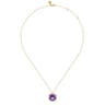 14K Yellow Gold Diamond and Amethyst Cushion Cut Necklace With Flower Pattern J-Back - 0.42 ct