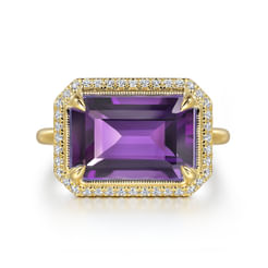 14K Yellow Gold Diamond and Amethyst Emerald Cut Ladies Ring With Flower Pattern Gallery