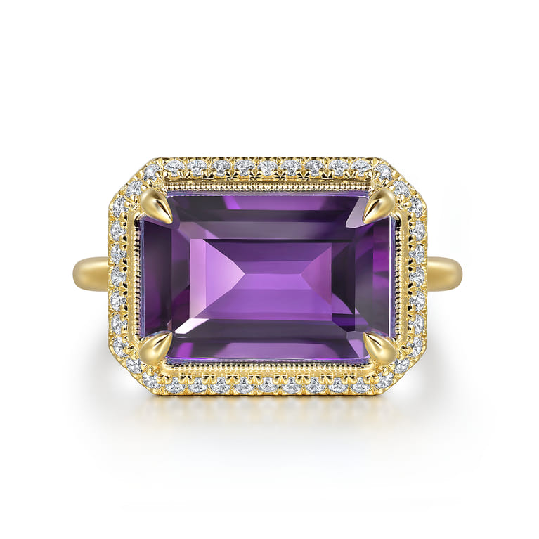 14K Yellow Gold Diamond and Amethyst Emerald Cut Ladies Ring With Flower Pattern Gallery - 0.2 ct - Shot 1