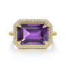 14K Yellow Gold Diamond and Amethyst Emerald Cut Ladies Ring With Flower Pattern Gallery - 0.2 ct