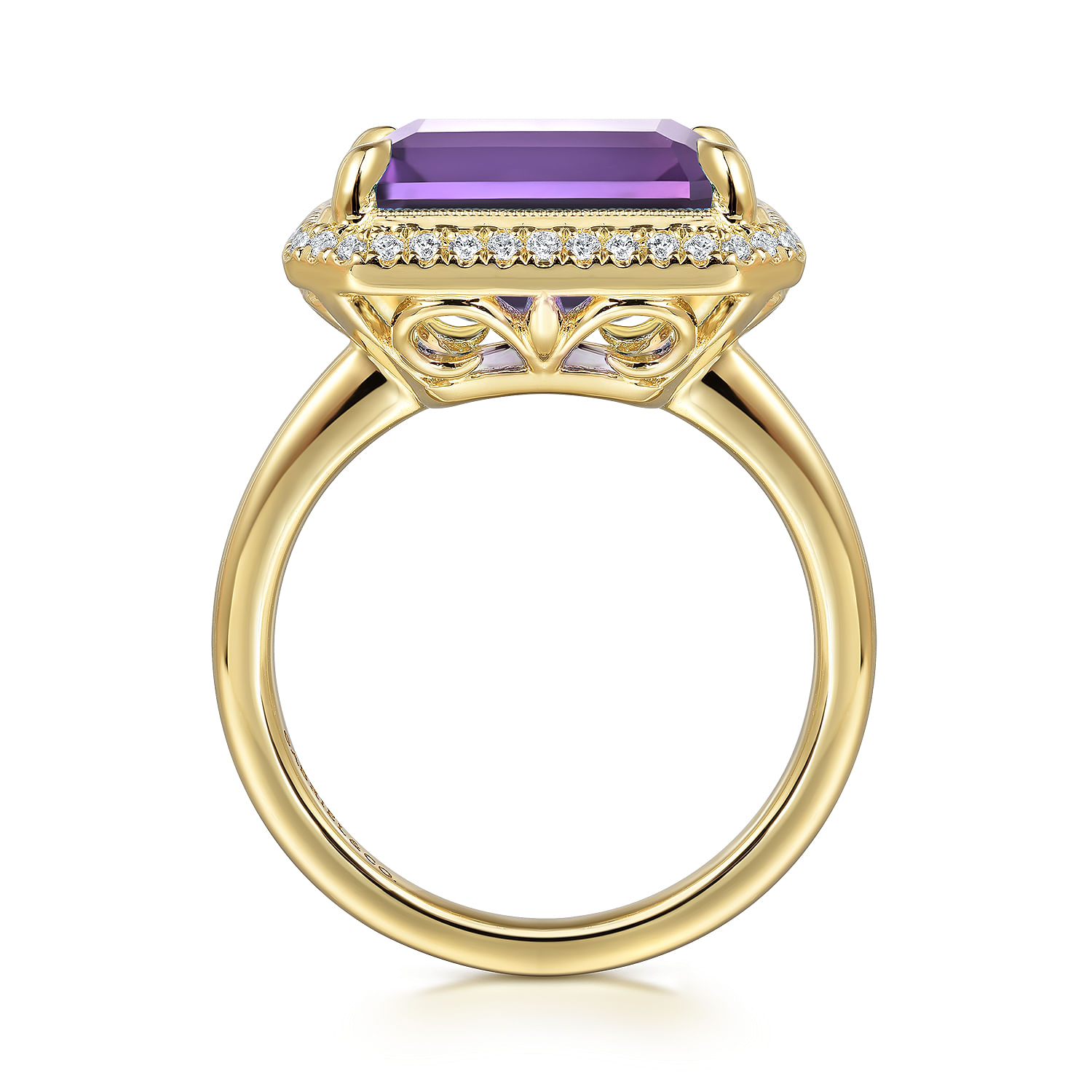 14K Yellow Gold Diamond and Amethyst Emerald Cut Ladies Ring With Flower Pattern Gallery