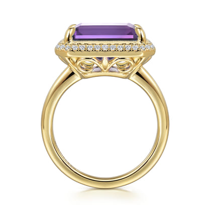 14K Yellow Gold Diamond and Amethyst Emerald Cut Ladies Ring With Flower Pattern Gallery