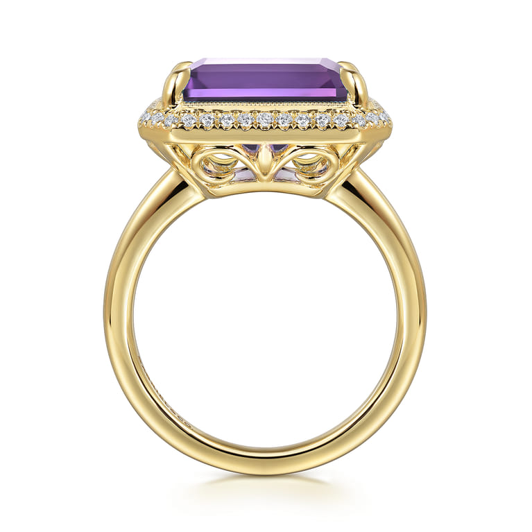 14K Yellow Gold Diamond and Amethyst Emerald Cut Ladies Ring With Flower Pattern Gallery - 0.2 ct - Shot 2