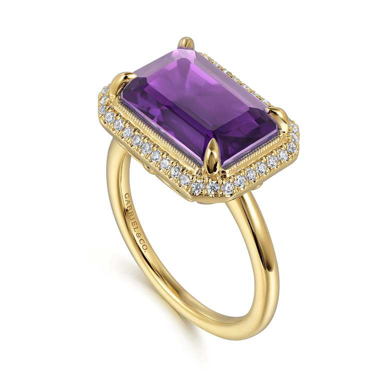 14K Yellow Gold Diamond and Amethyst Emerald Cut Ladies Ring With Flower Pattern Gallery - 0.2 ct - Shot 3