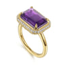 14K Yellow Gold Diamond and Amethyst Emerald Cut Ladies Ring With Flower Pattern Gallery - 0.2 ct