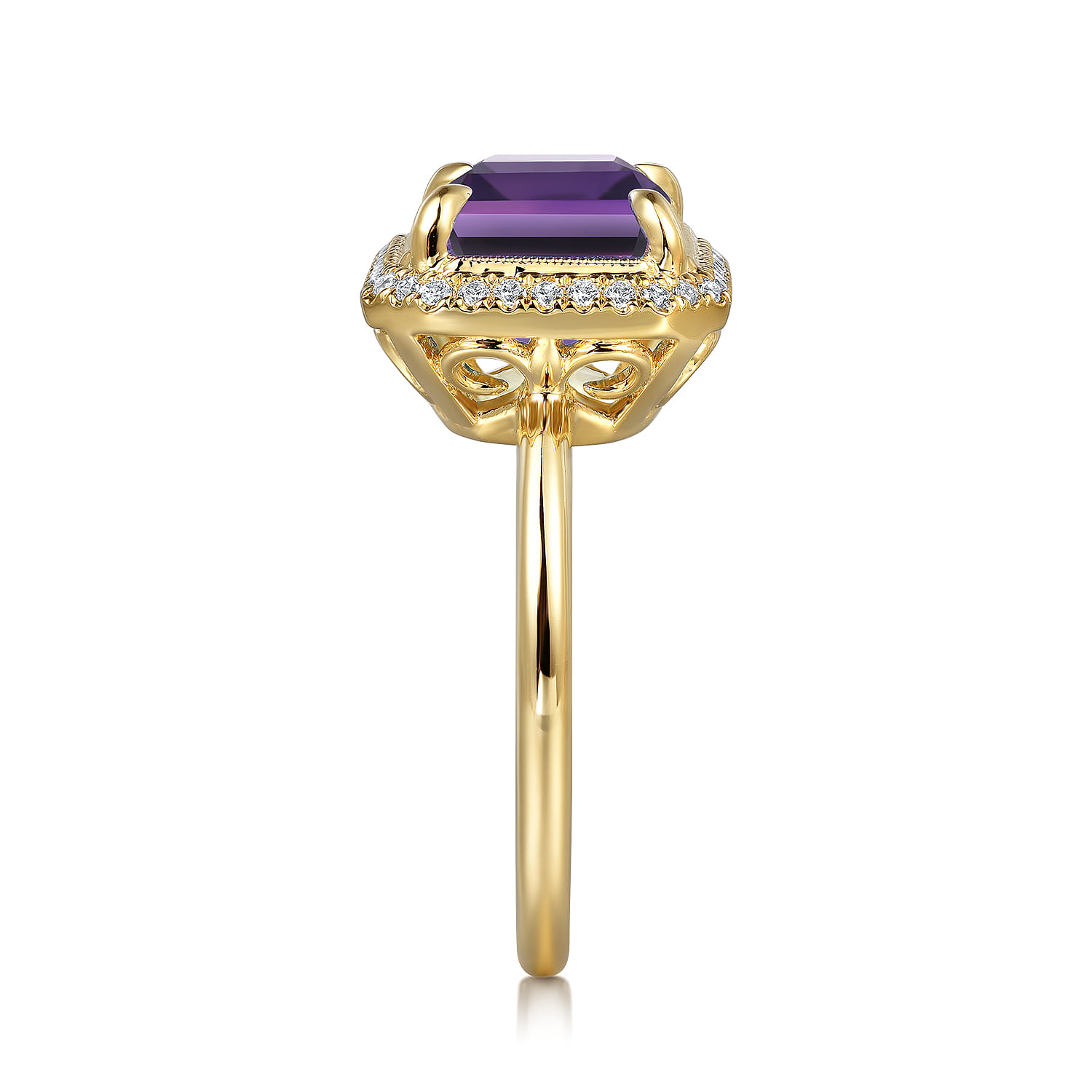 14K Yellow Gold Diamond and Amethyst Emerald Cut Ladies Ring With Flower Pattern Gallery - 0.2 ct - Shot 4