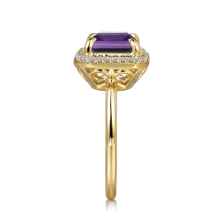 14K Yellow Gold Diamond and Amethyst Emerald Cut Ladies Ring With Flower Pattern Gallery