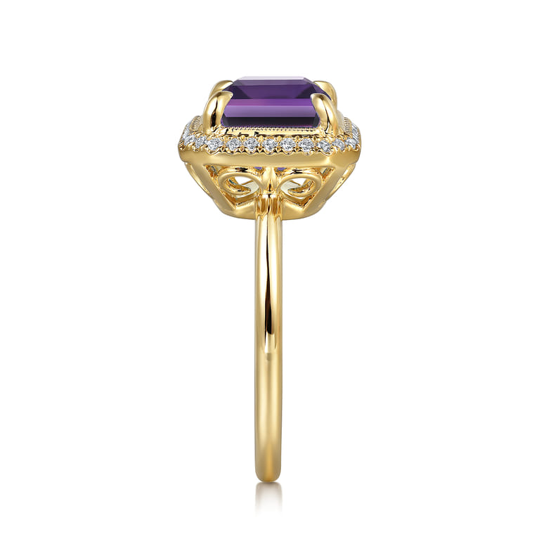 14K Yellow Gold Diamond and Amethyst Emerald Cut Ladies Ring With Flower Pattern Gallery - 0.2 ct - Shot 4